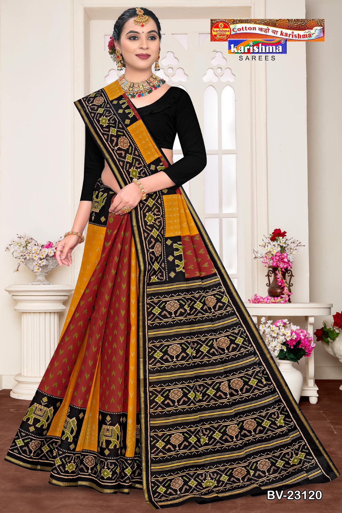 Elephant Chevron Border Muslin Saree
