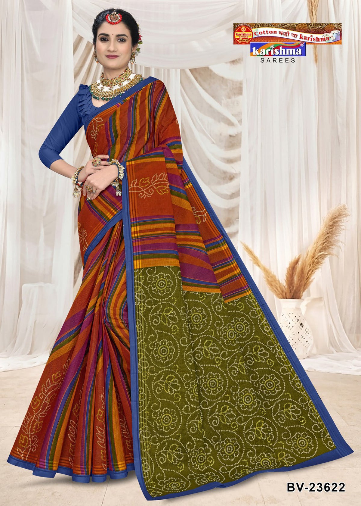 Orange Pure Cotton Mulmul (Stiff) Saree With Traditional Pattern Print