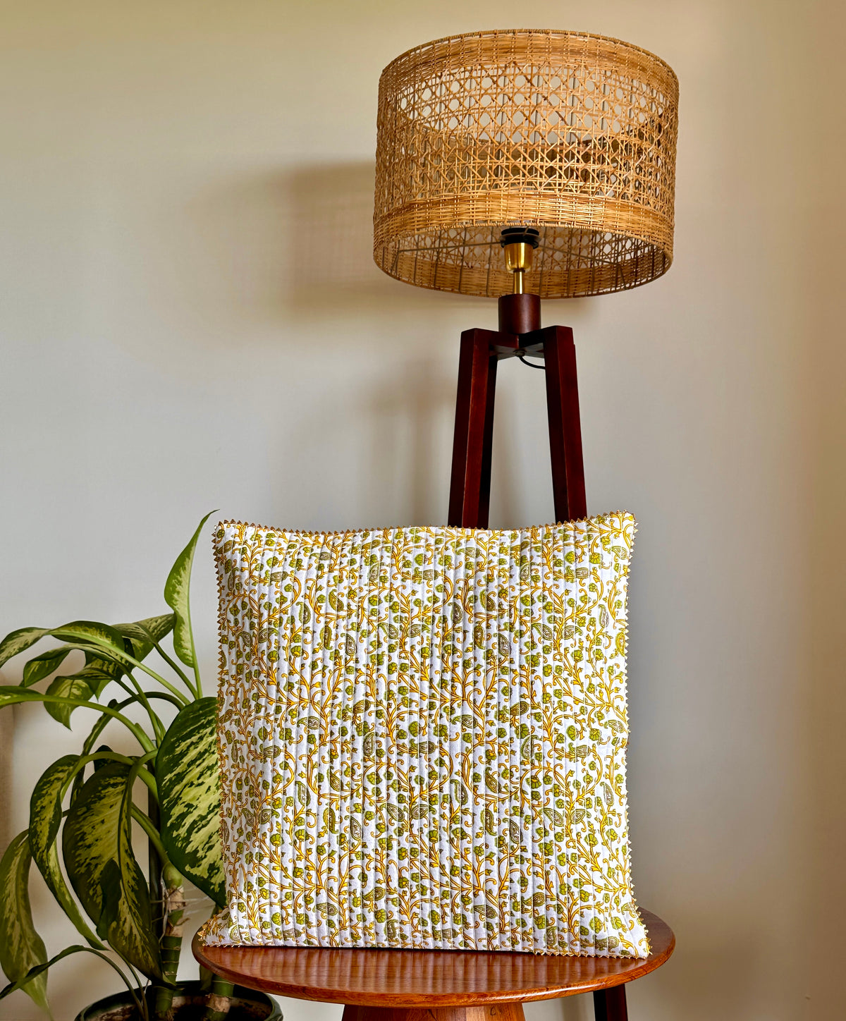 Yellow Green Floral Design Quilted Pure Cotton Square Cushion Cover Gold Zari Border