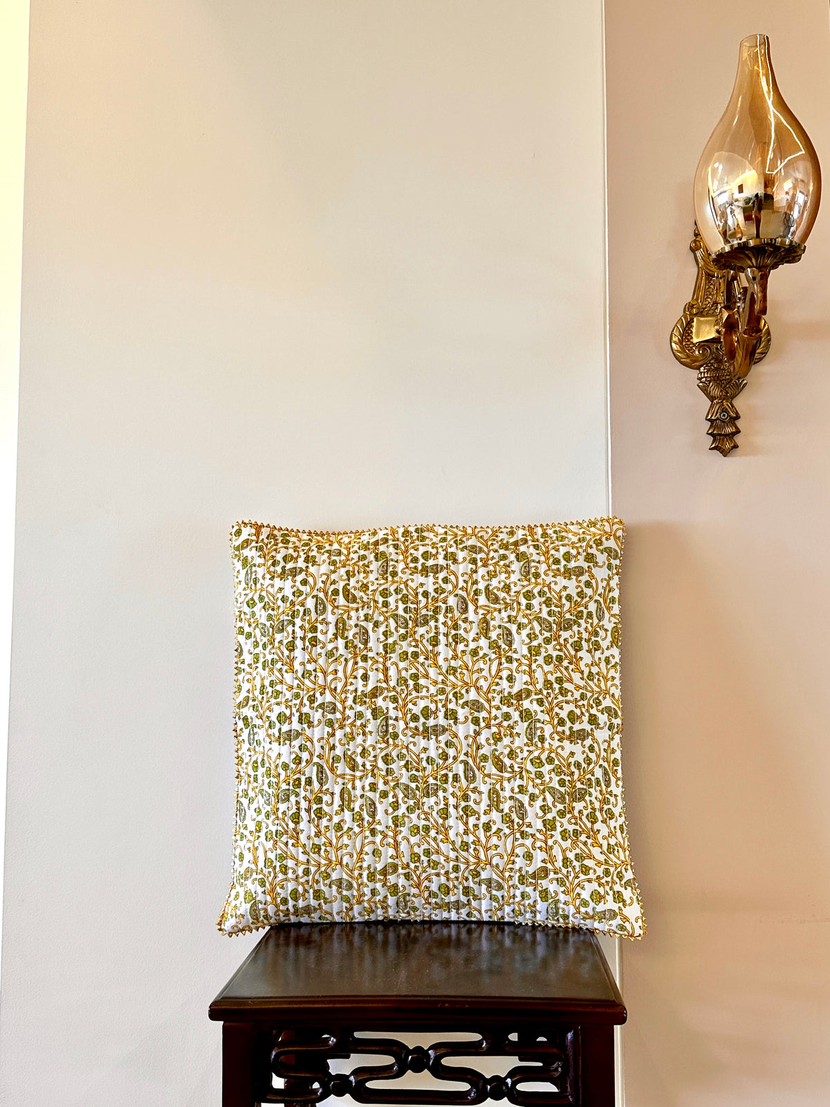 Yellow Green Floral Design Quilted Pure Cotton Square Cushion Cover Gold Zari Border