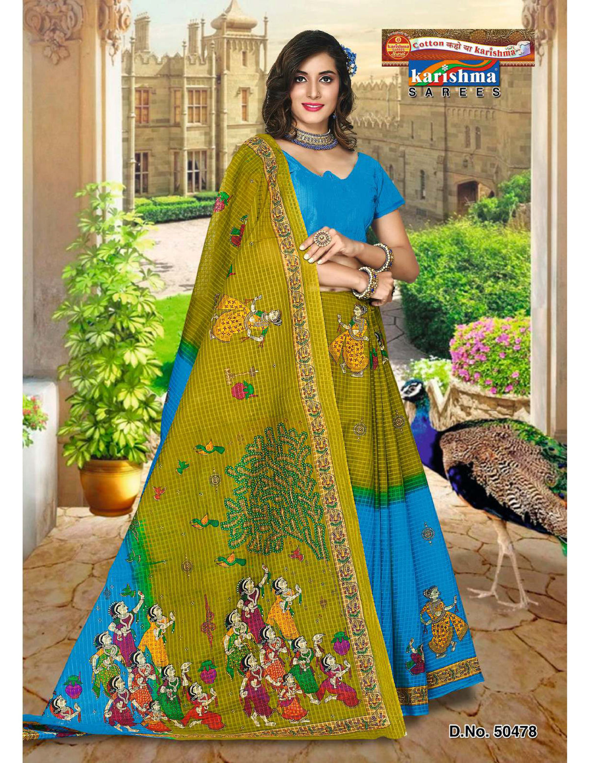Blue And Olive Brown Elephant And Figure Design Mulmul (Crisp) saree