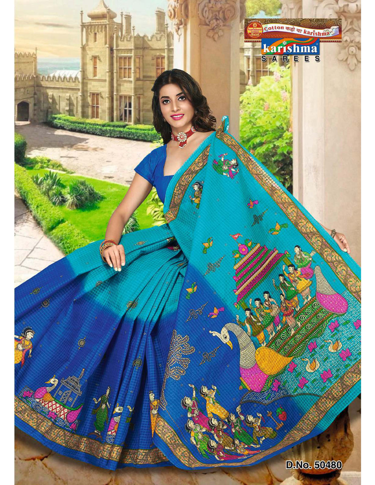 Navy Blue Elephant And Figure Design Mulmul (Crisp) saree