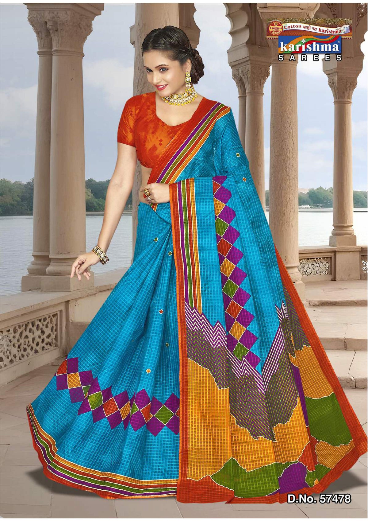 Blue Geomatric And Floral Design Mulmul (Crisp) Saree