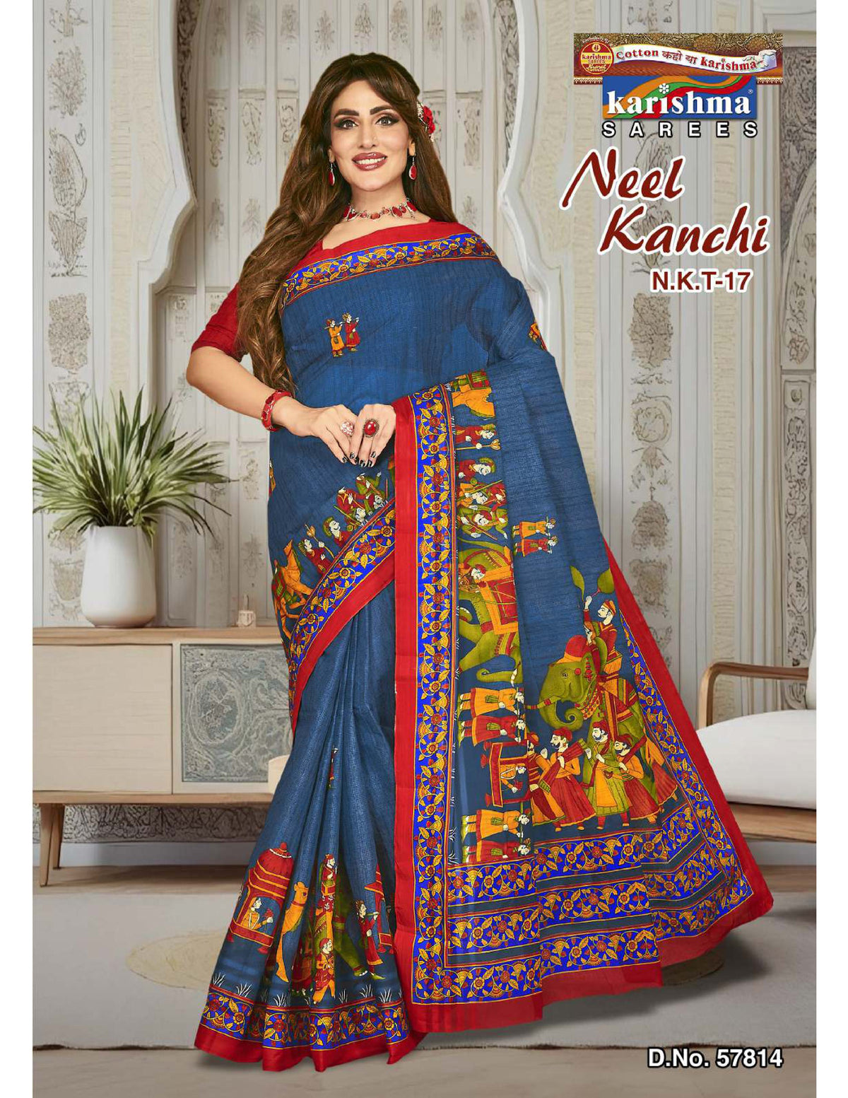 Navy Blue Figure Design Mulmul (Crisp) Saree