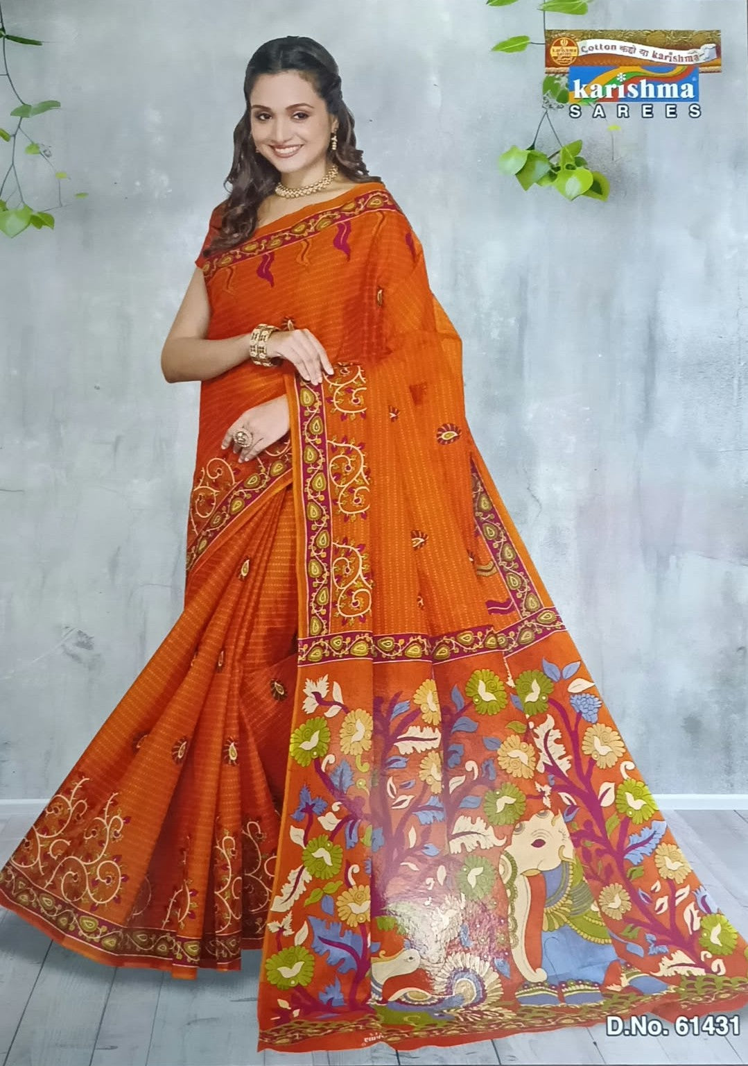 Orange Vantara Floral And Peacock Print Mulmul Pure Cotton Saree