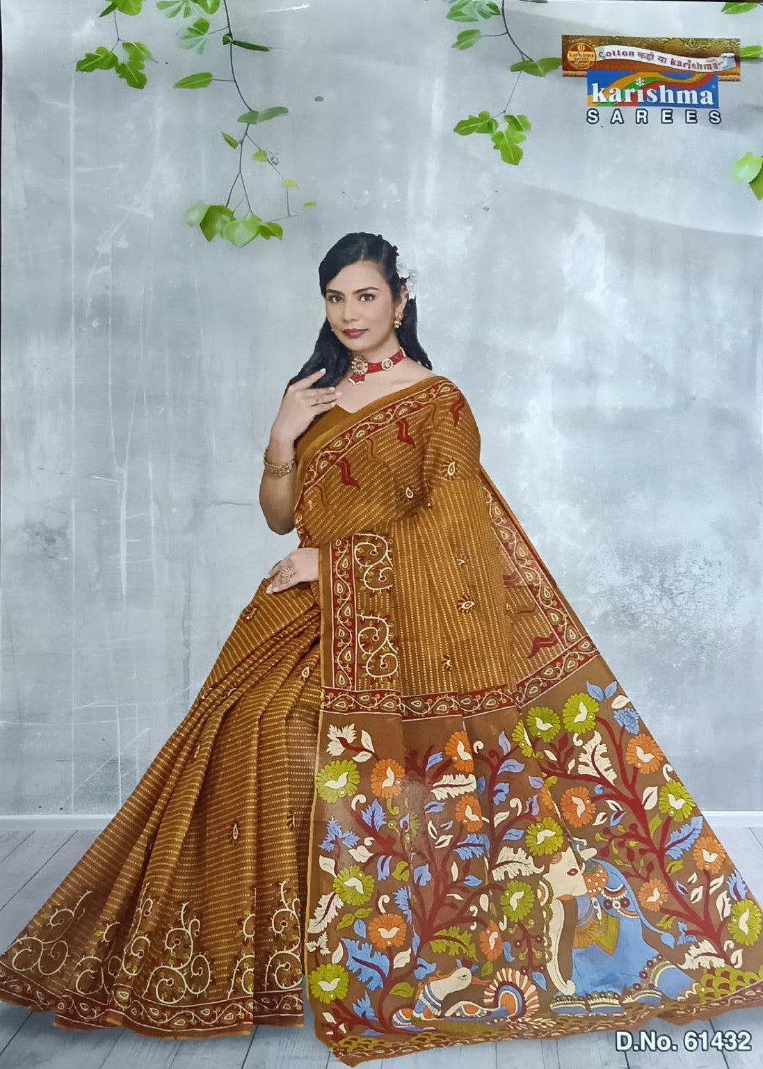 Brown Vantara Floral And Peacock Print Mulmul Pure Cotton Saree