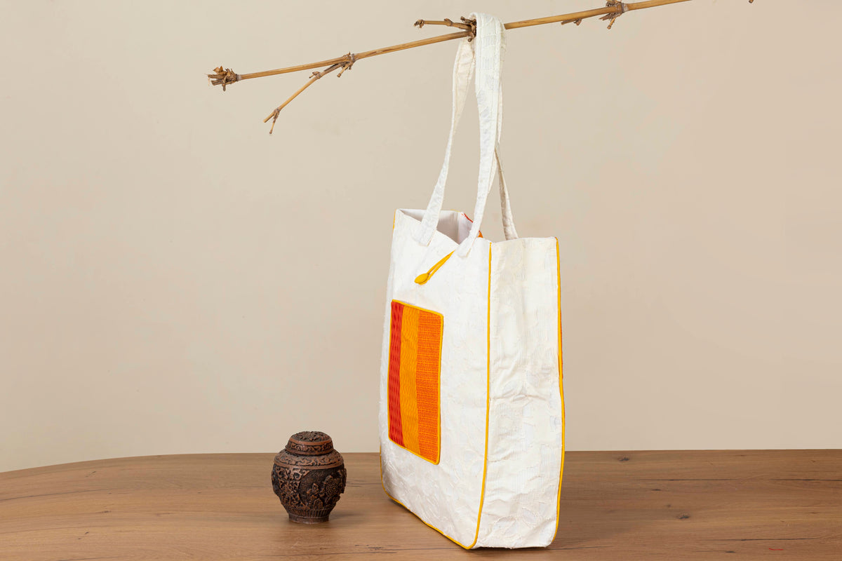 Orange Yellow Patchwork Handwork Sustainable Quilted Cotton Shopping Tote Bag