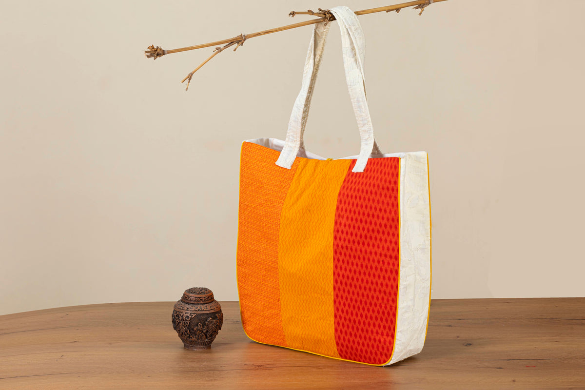 Orange Yellow Patchwork Handwork Sustainable Quilted Cotton Shopping Tote Bag