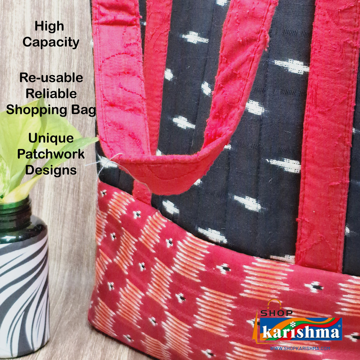 Black Ikat Design with Red Patchwork Sustainable Style Quilted Cotton Shopping Bag