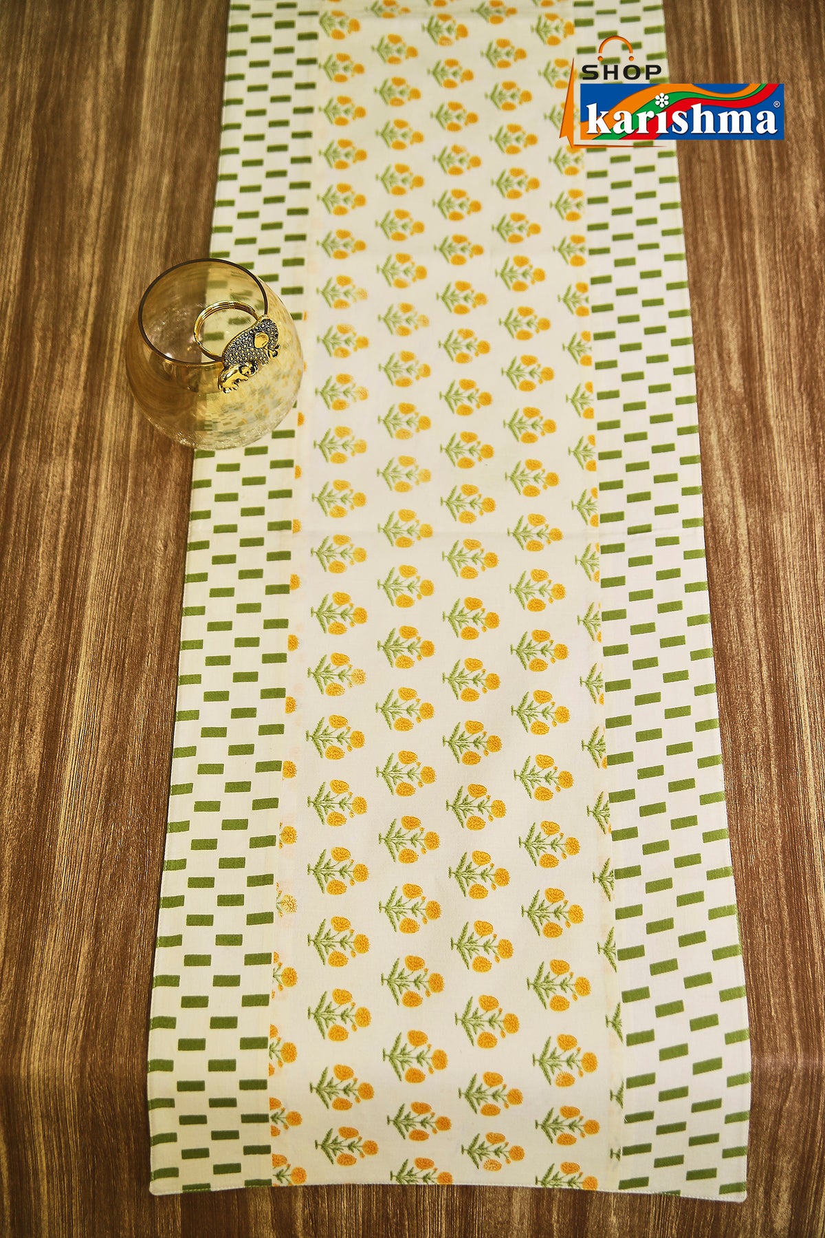 Yellow & Green Floral Block Print Design Pure Cotton Table Linen Set