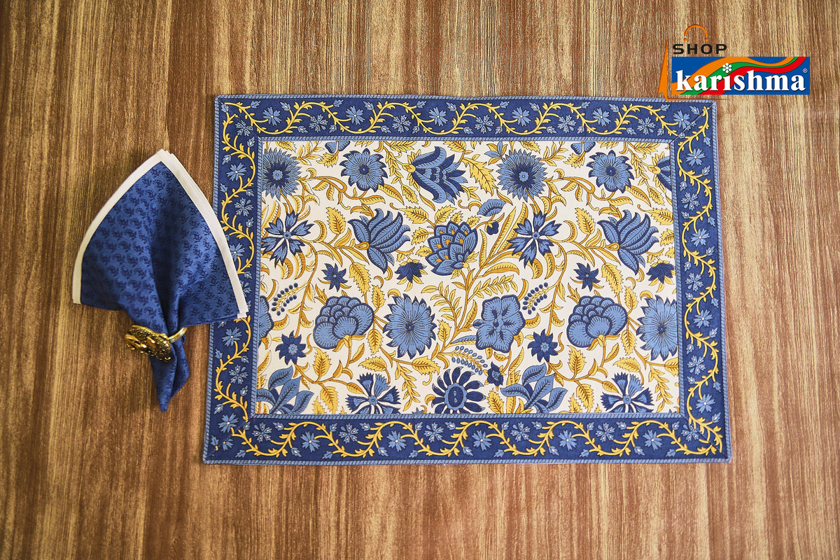 Blue & White Floral Block Print Design Pure Cotton Table Linen Set