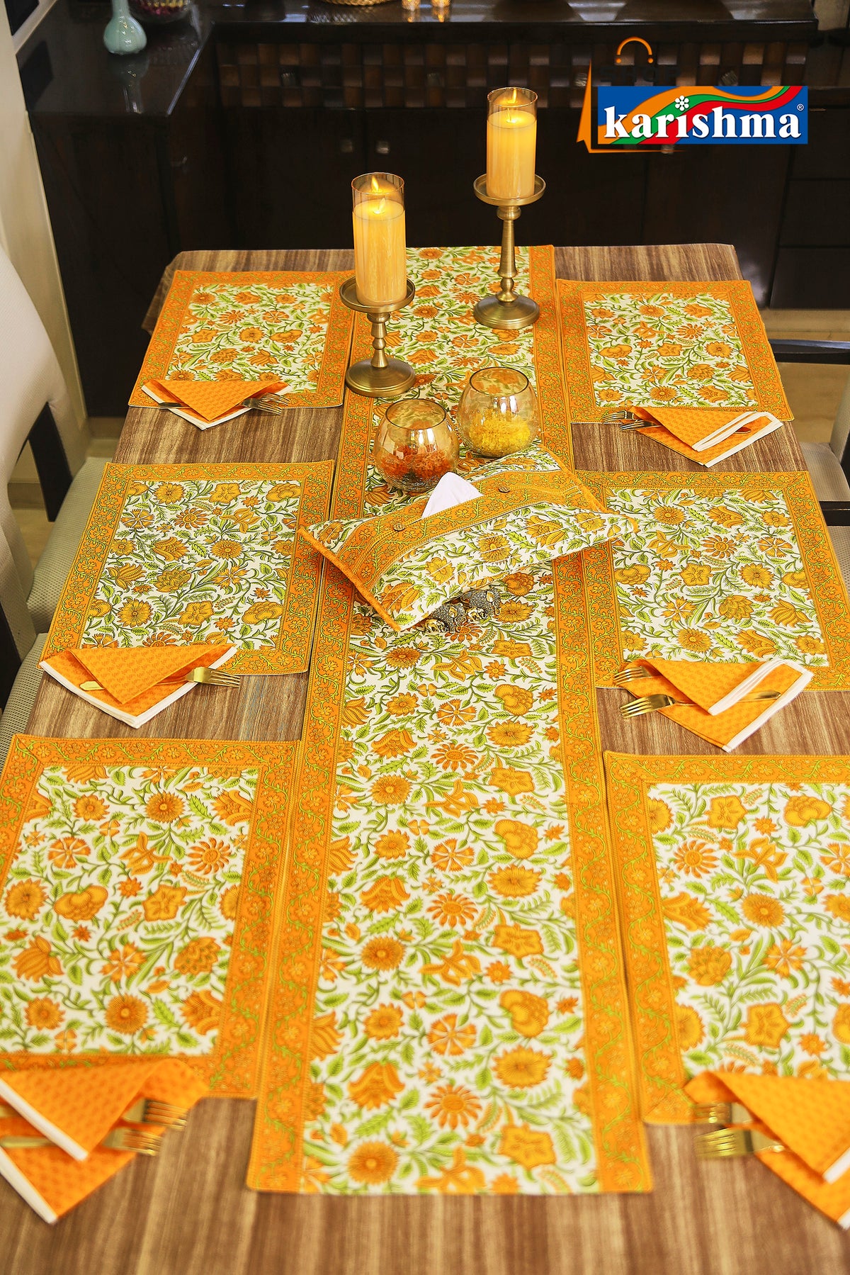 Yellow & White Floral Block Print Design Pure Cotton Table Linen Set