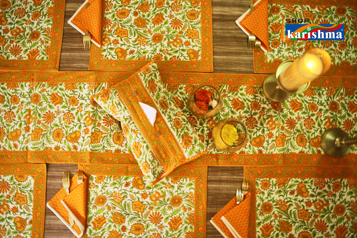Yellow & White Floral Block Print Design Pure Cotton Table Linen Set