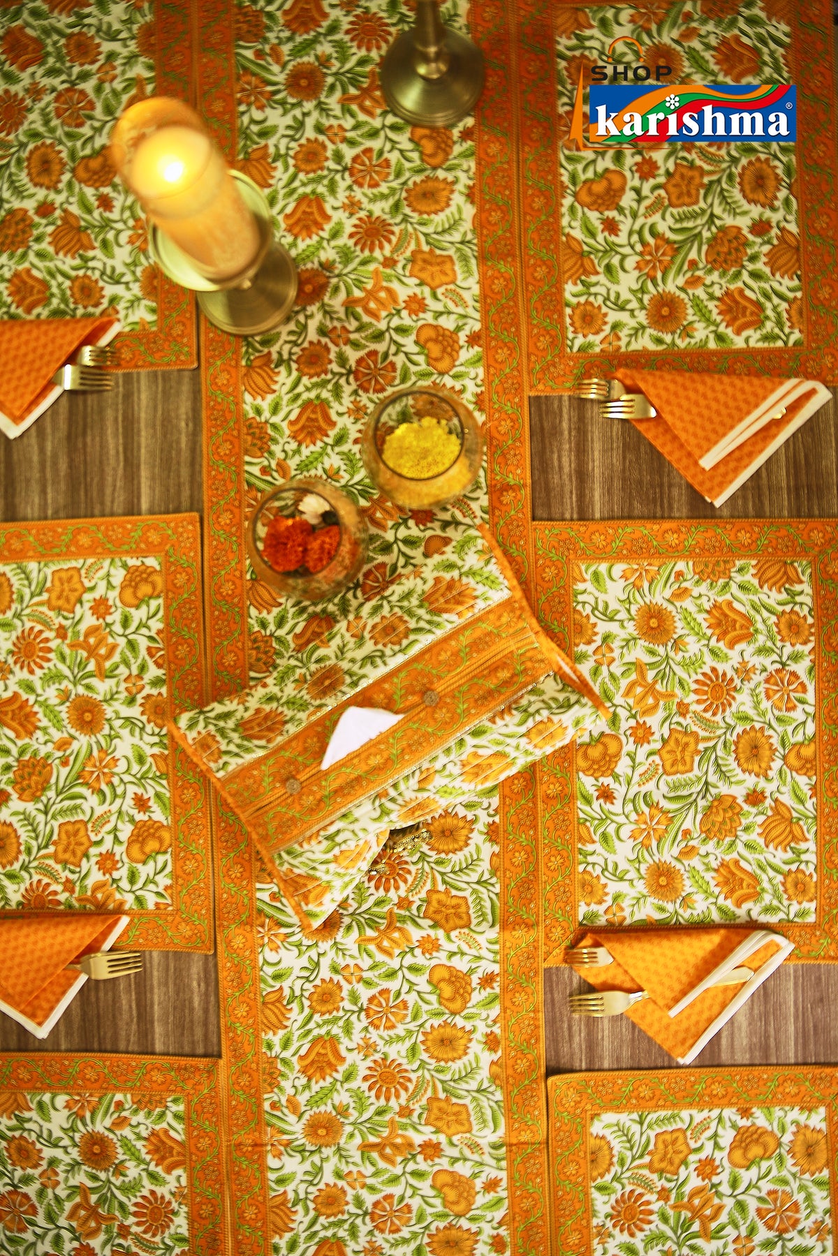 Yellow & White Floral Block Print Design Pure Cotton Table Linen Set