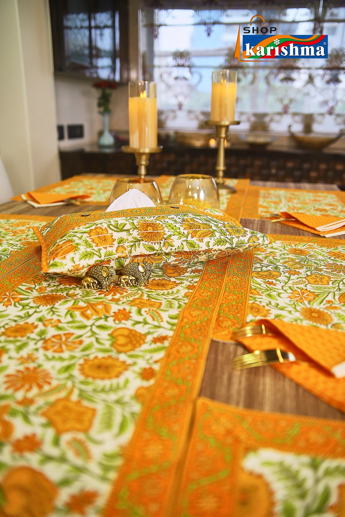 Yellow & White Floral Block Print Design Pure Cotton Table Linen Set