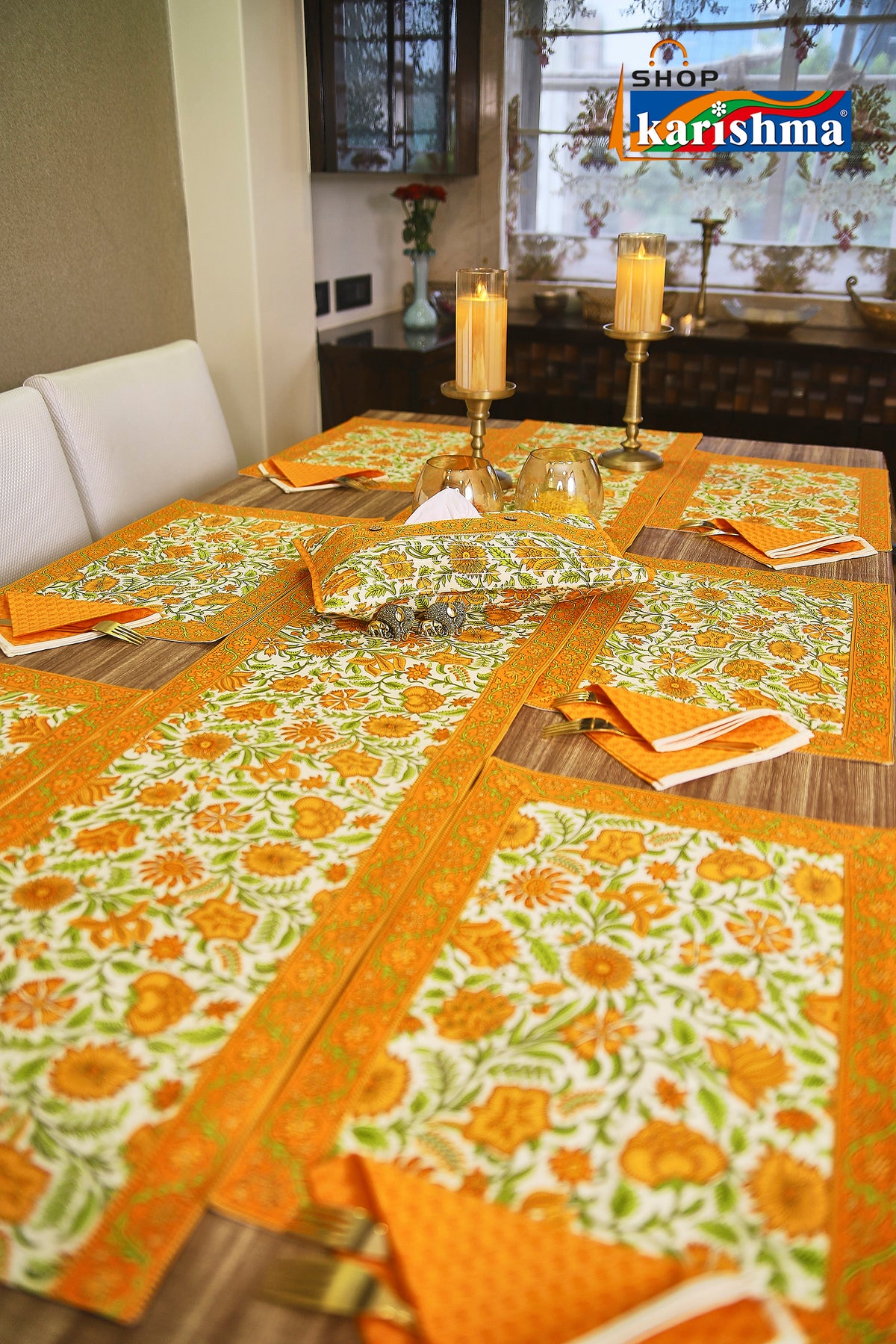 Yellow & White Floral Block Print Design Pure Cotton Table Linen Set