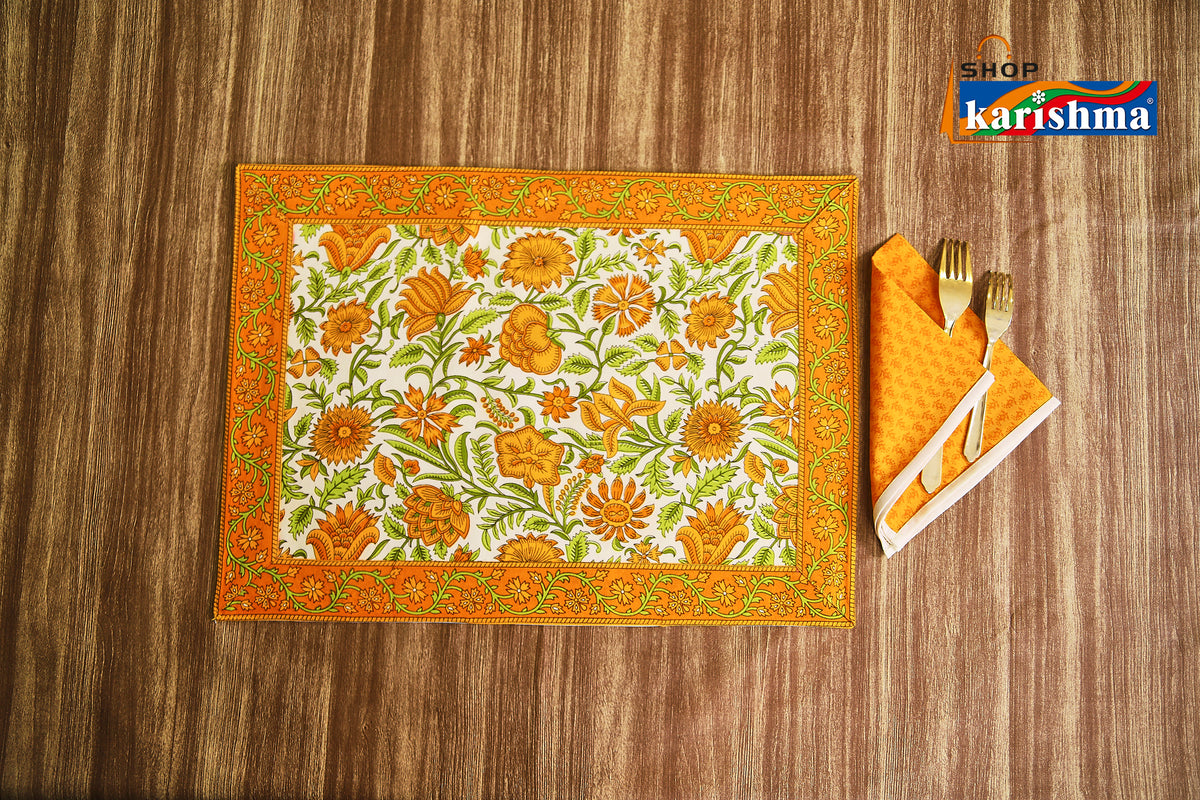 Yellow & White Floral Block Print Design Pure Cotton Table Linen Set