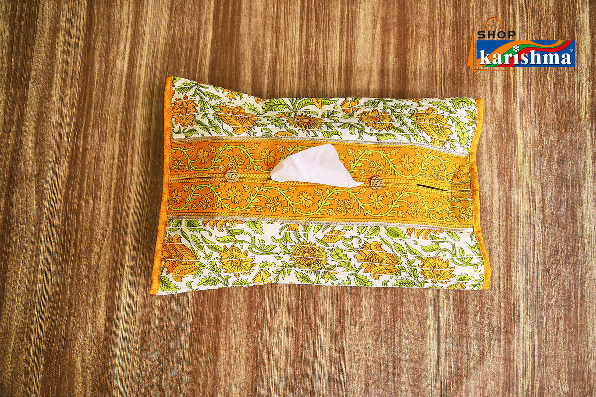 Yellow & White Floral Block Print Design Pure Cotton Table Linen Set