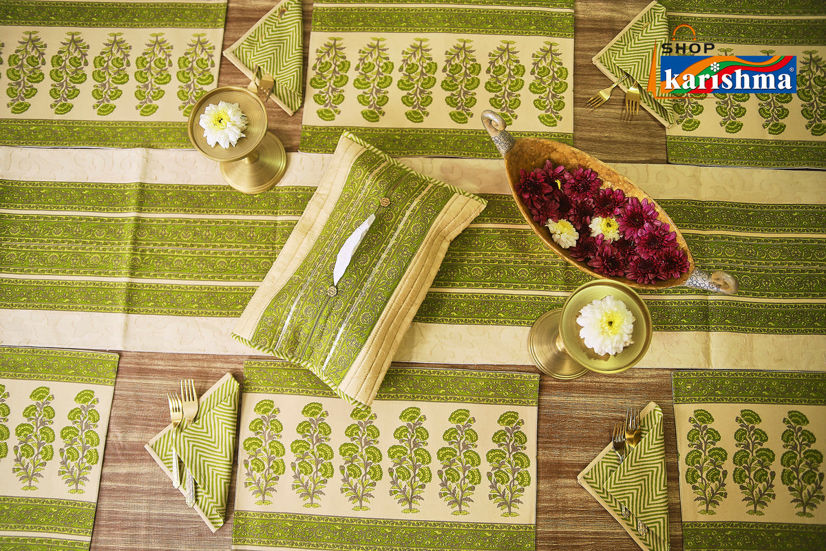 Green & Beige Floral Block Print Design Pure Cotton Table Linen Set