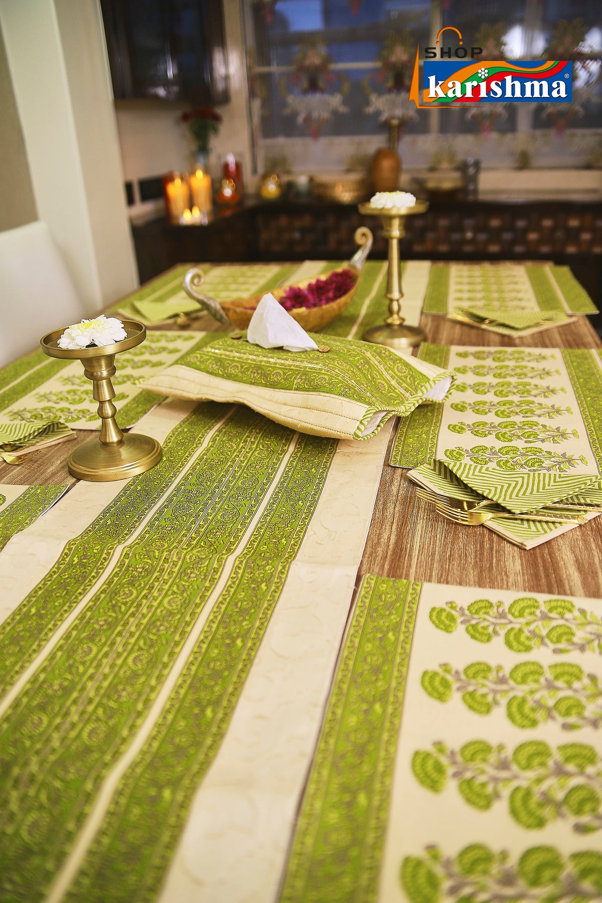 Green & Beige Floral Block Print Design Pure Cotton Table Linen Set