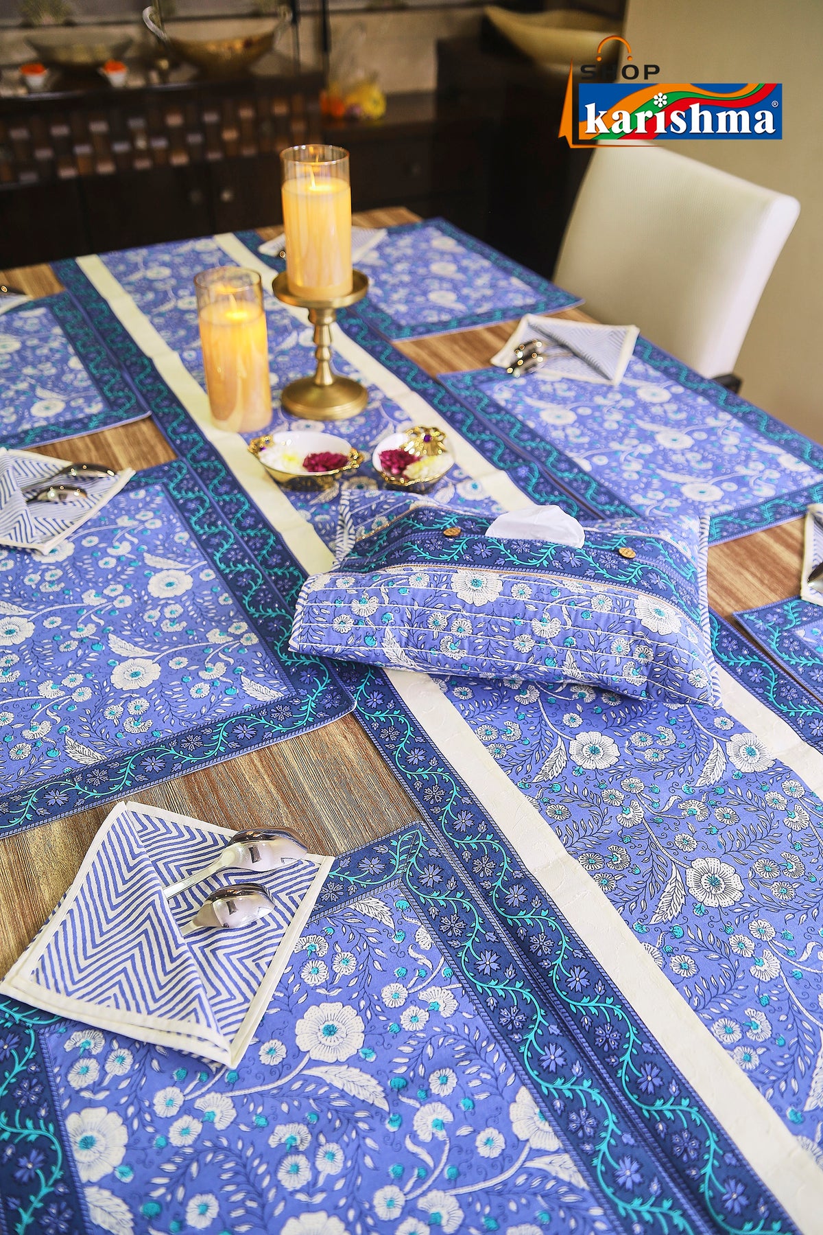 Navy Blue Floral Block Print Design Pure Cotton Table Linen Set