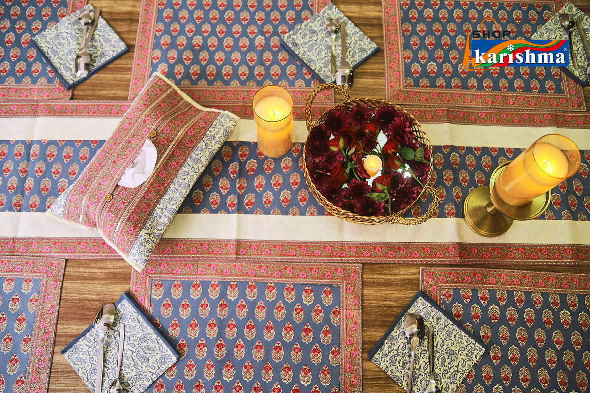 Grey & Pink Floral Block Print Design Pure Cotton Table Linen Set