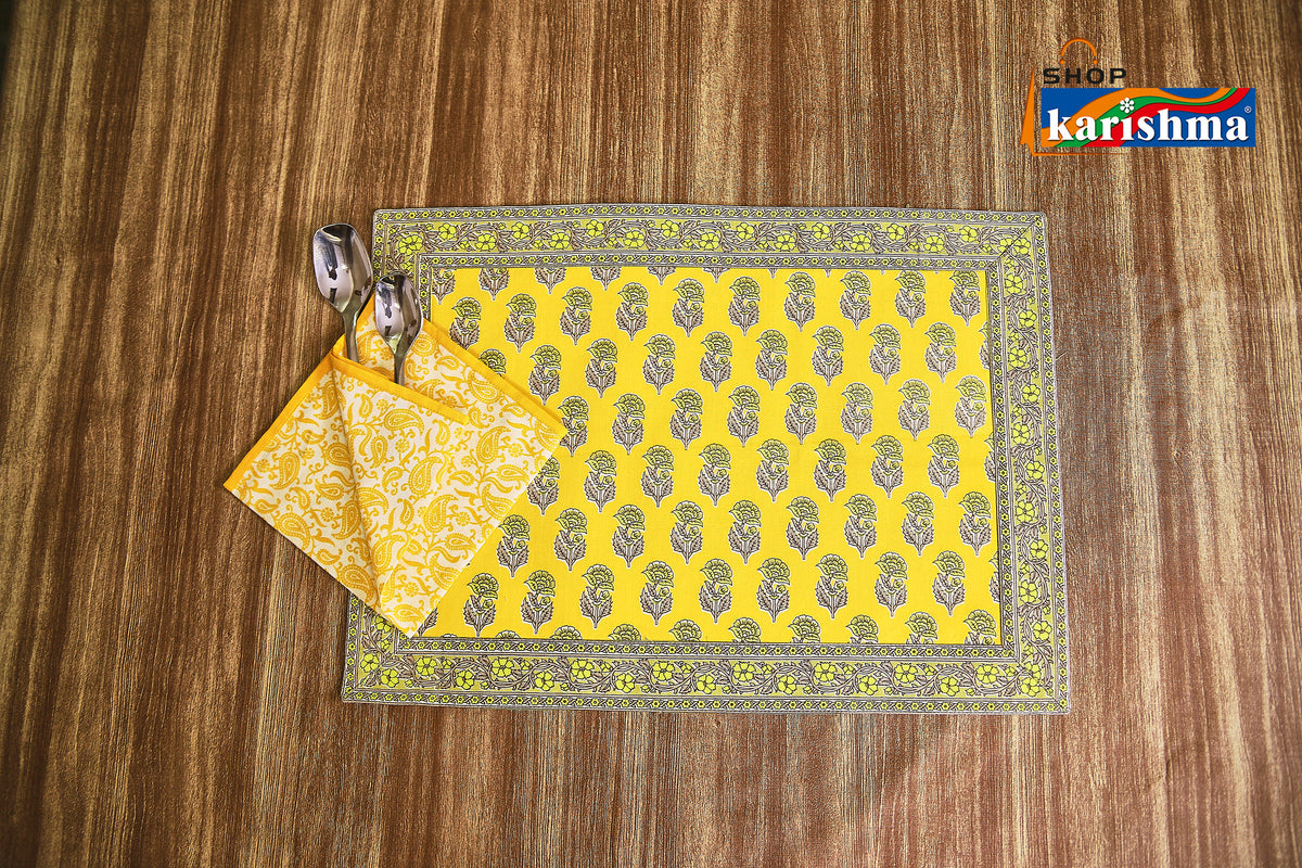 Yellow & Grey Floral Block Print Design Pure Cotton Table Linen Set