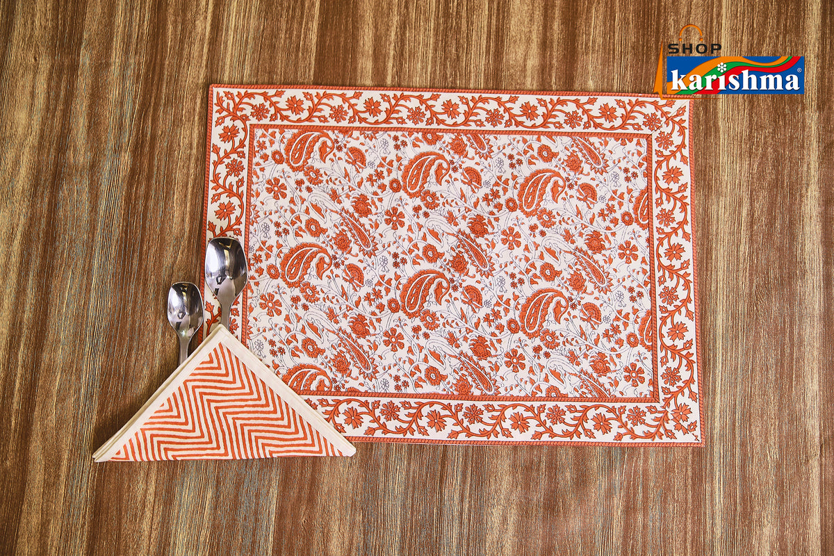 Peach Paisley Block Print Design Pure Cotton Table Linen Set