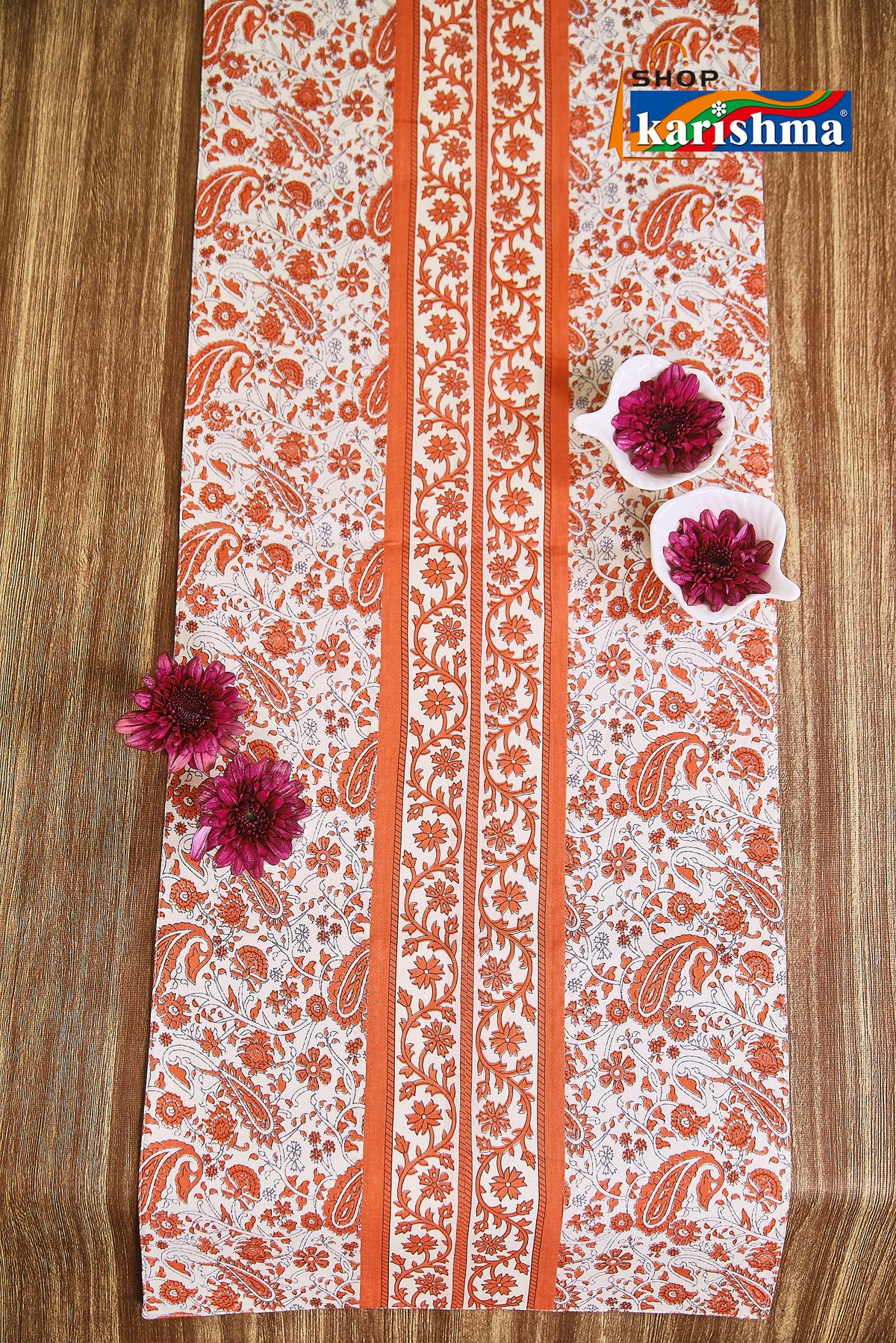Peach Paisley Block Print Design Pure Cotton Table Linen Set