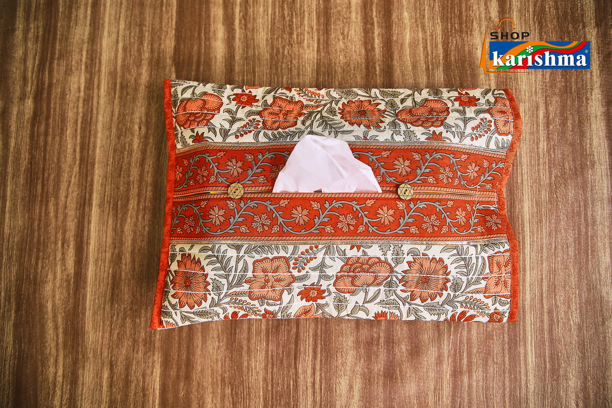 Orange & White Floral Block Print Design Pure Cotton Table Linen Set