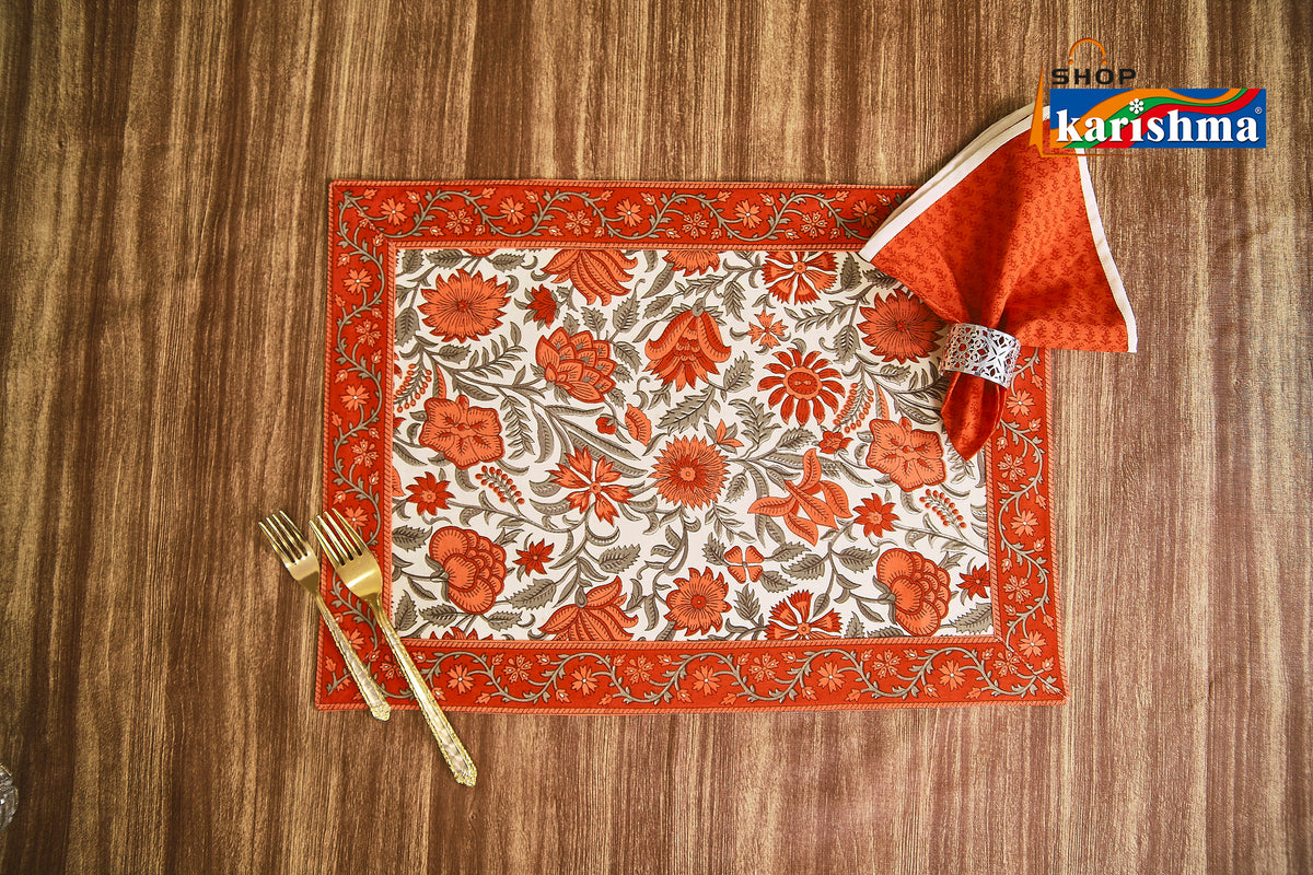 Orange & White Floral Block Print Design Pure Cotton Table Linen Set