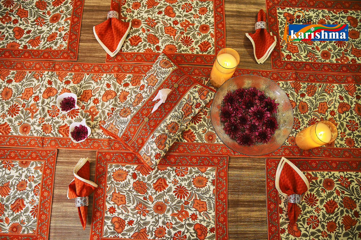 Orange & White Floral Block Print Design Pure Cotton Table Linen Set