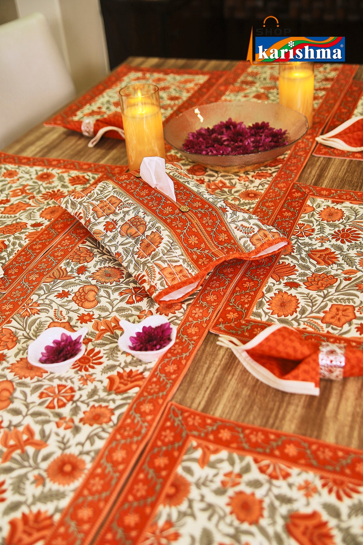 Orange & White Floral Block Print Design Pure Cotton Table Linen Set