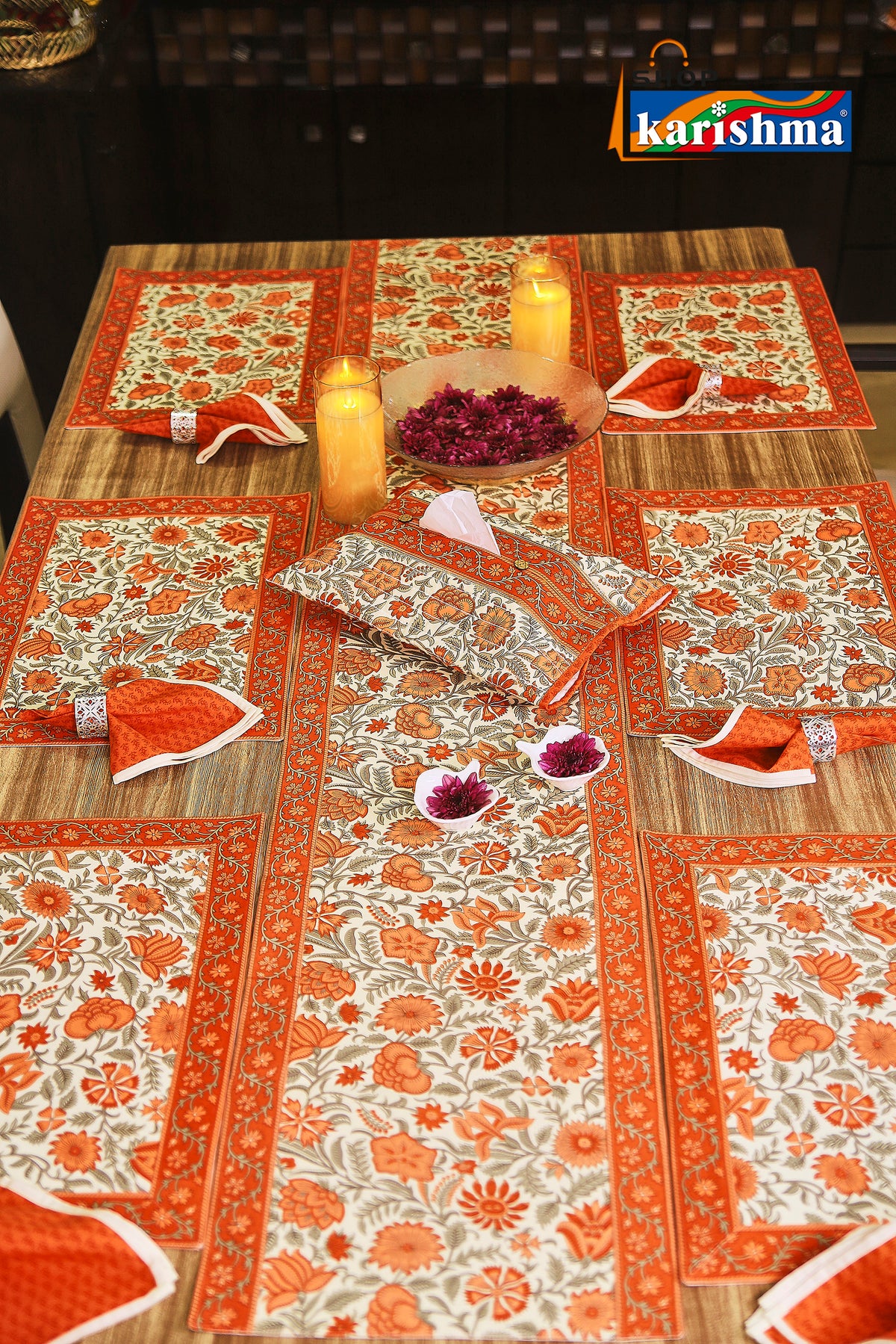 Orange & White Floral Block Print Design Pure Cotton Table Linen Set