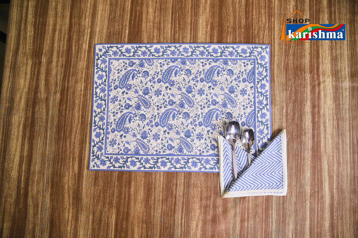 Blue Paisley Block Print Design Pure Cotton Table Linen Set