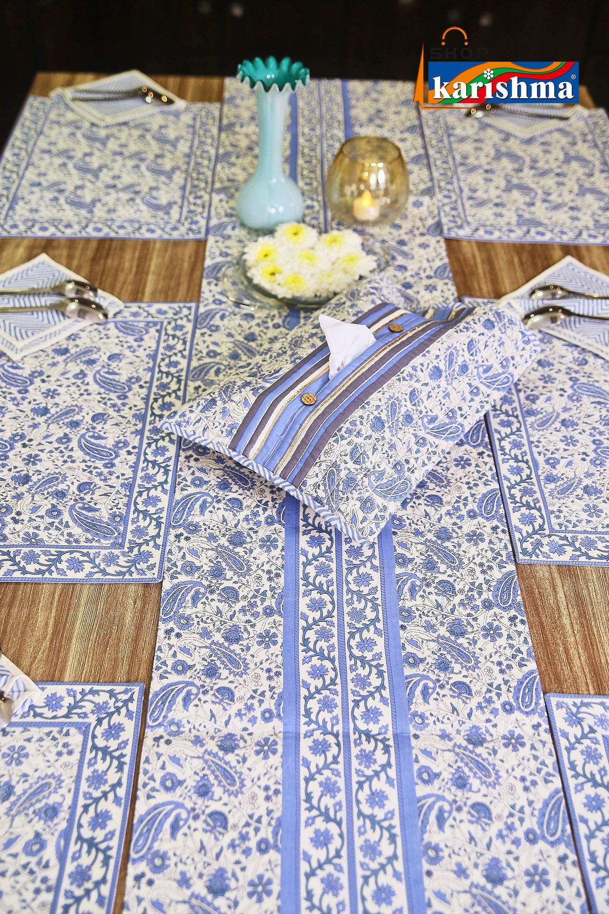 Blue Paisley Block Print Design Pure Cotton Table Linen Set