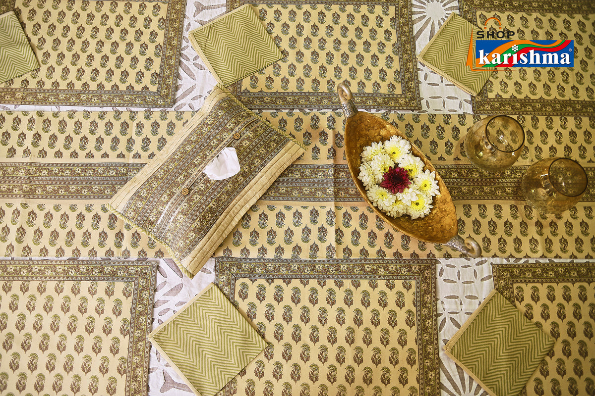 Beige & Green Floral Block Print Design Pure Cotton Table Linen Set