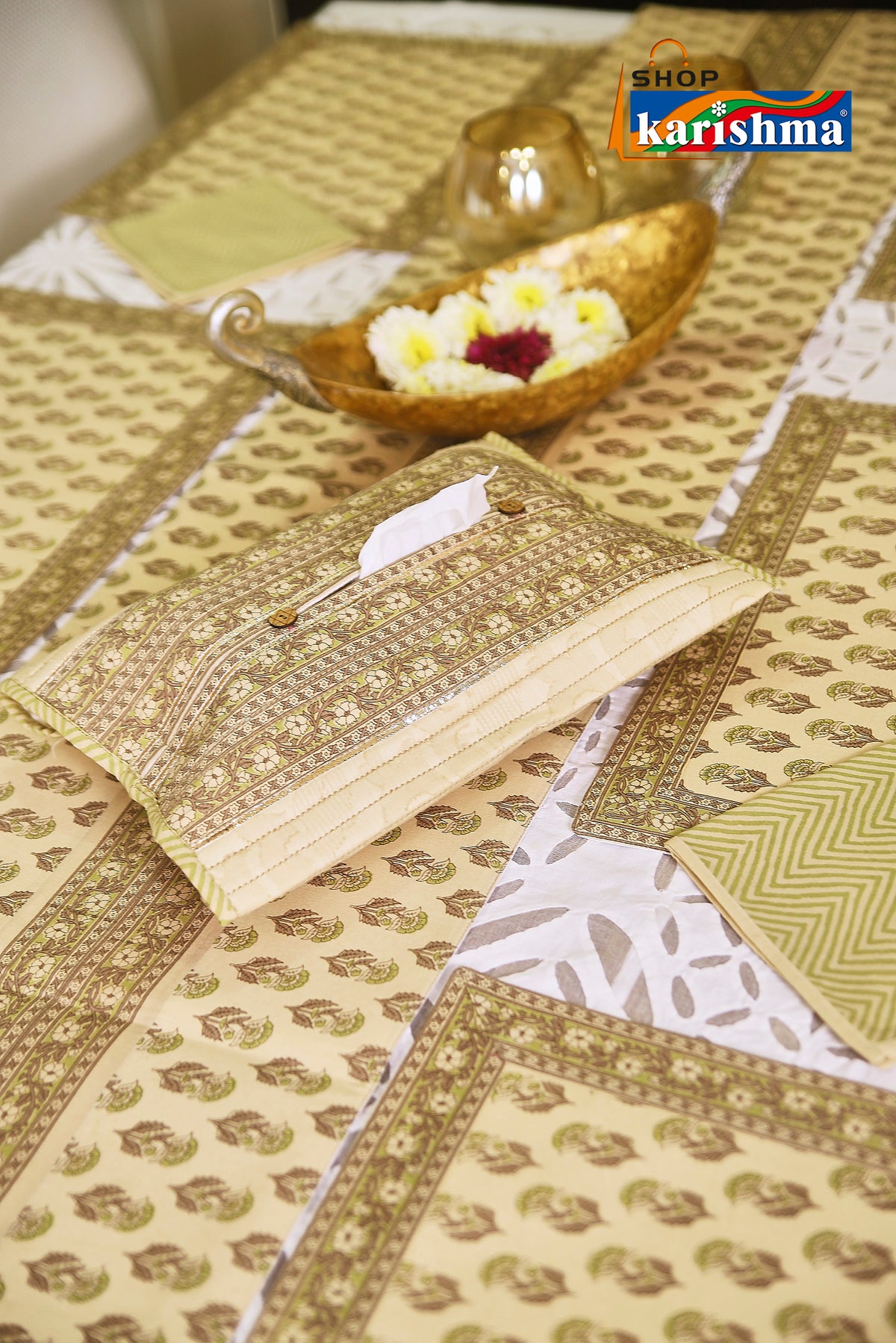 Beige & Green Floral Block Print Design Pure Cotton Table Linen Set