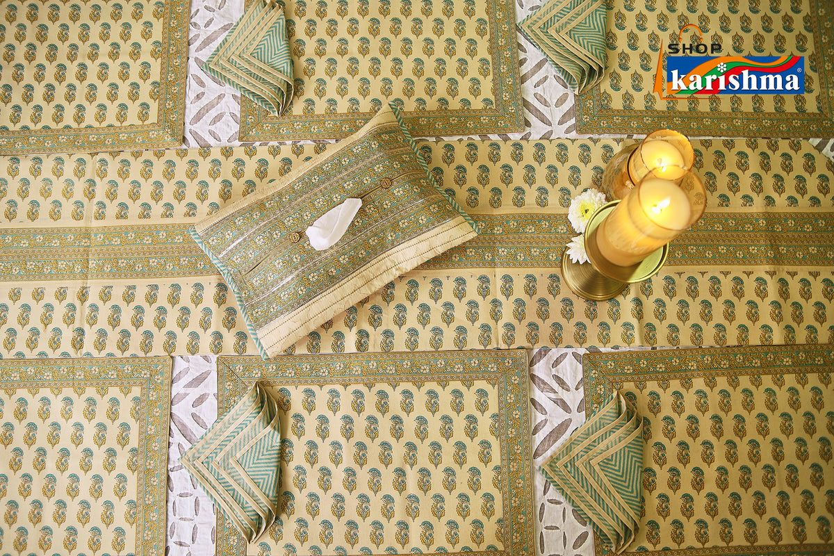 Beige & Blue Floral Block Print Design Pure Cotton Table Linen Set