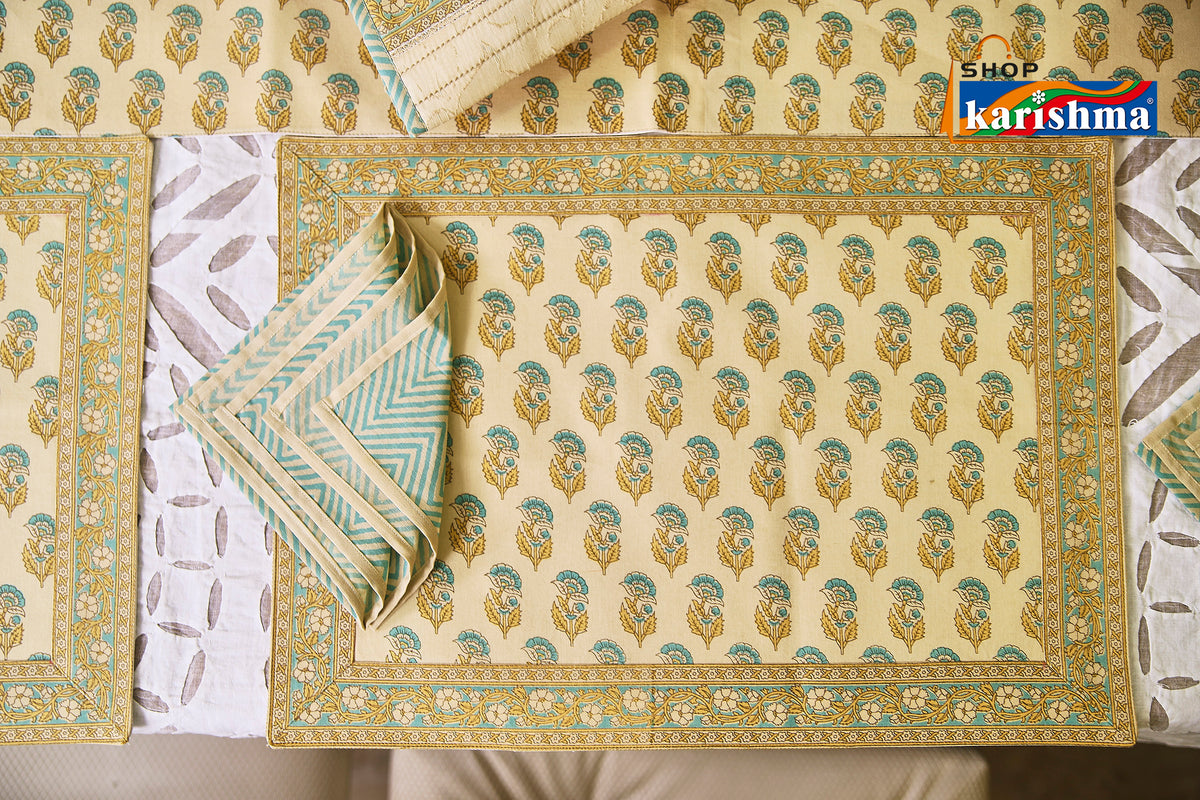 Beige & Blue Floral Block Print Design Pure Cotton Table Linen Set