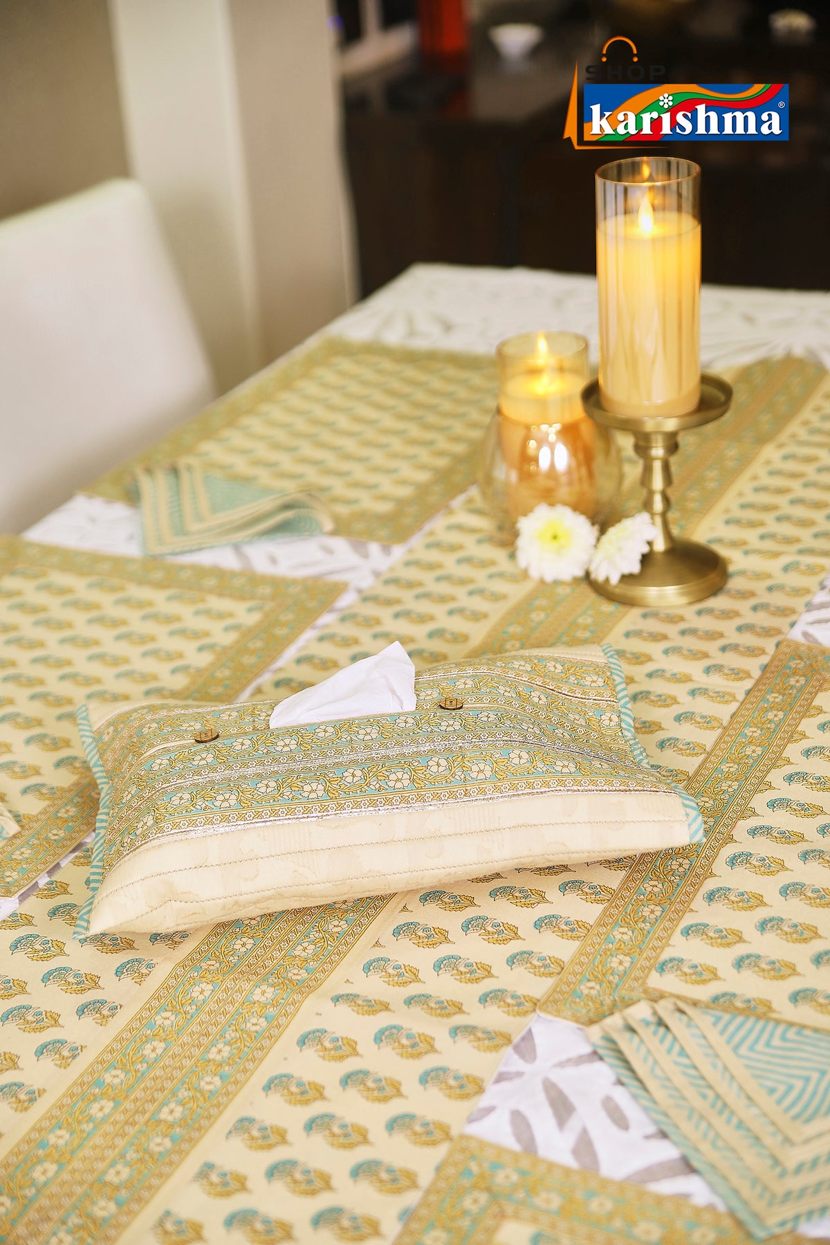 Beige & Blue Floral Block Print Design Pure Cotton Table Linen Set