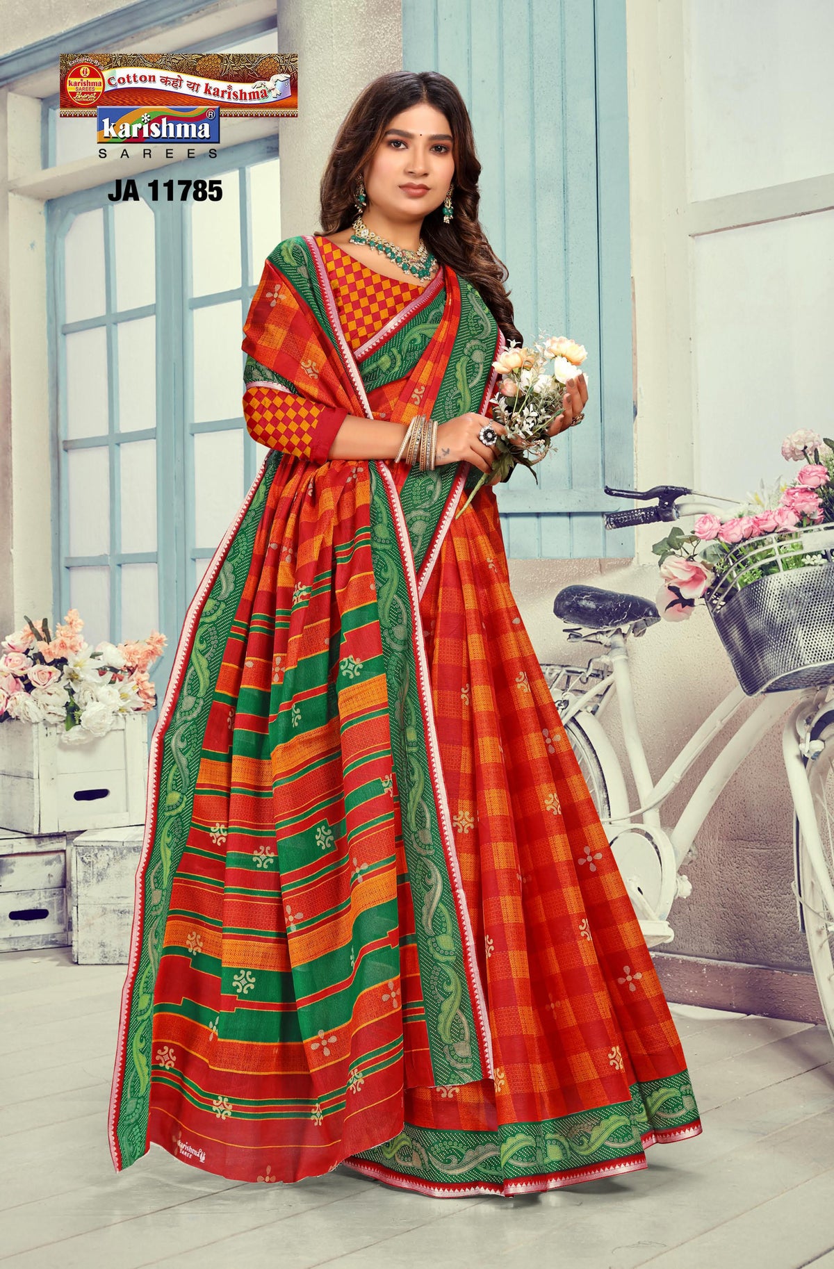 Checks Animal Figure Muslin Saree