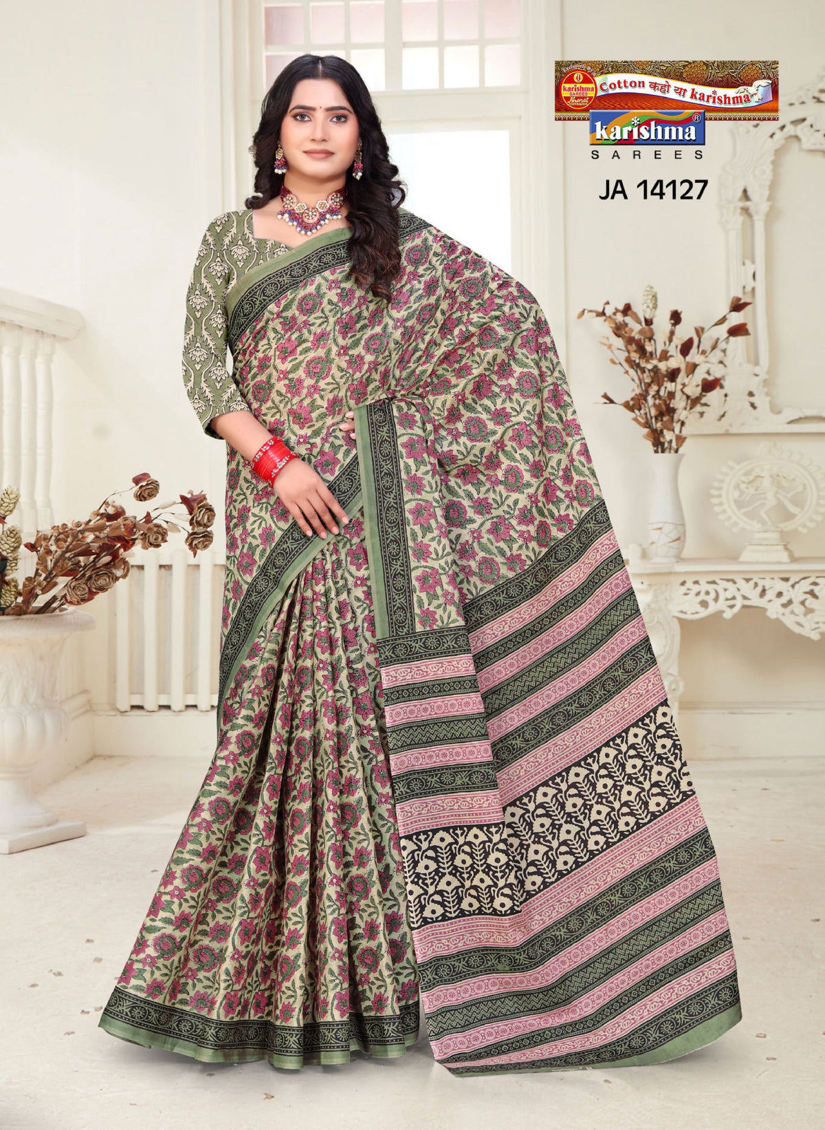 Mehendi And Pink Pure Cotton Malai (Soft) Saree With Beautifull Floral Print And Elegant Look