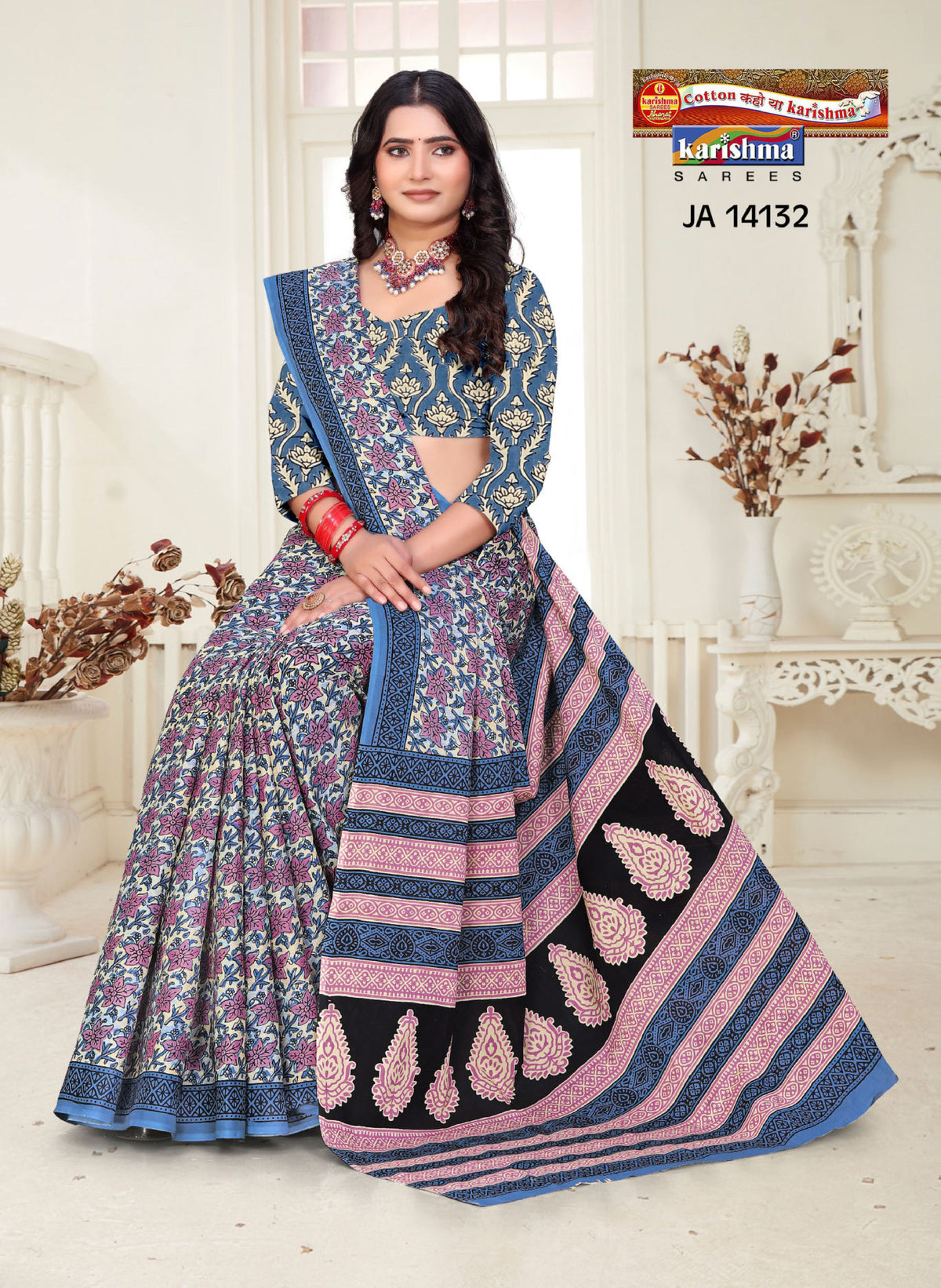 Blue Pure Cotton Malai (Soft) Saree With Beautifull Floral Print And Elegant Look
