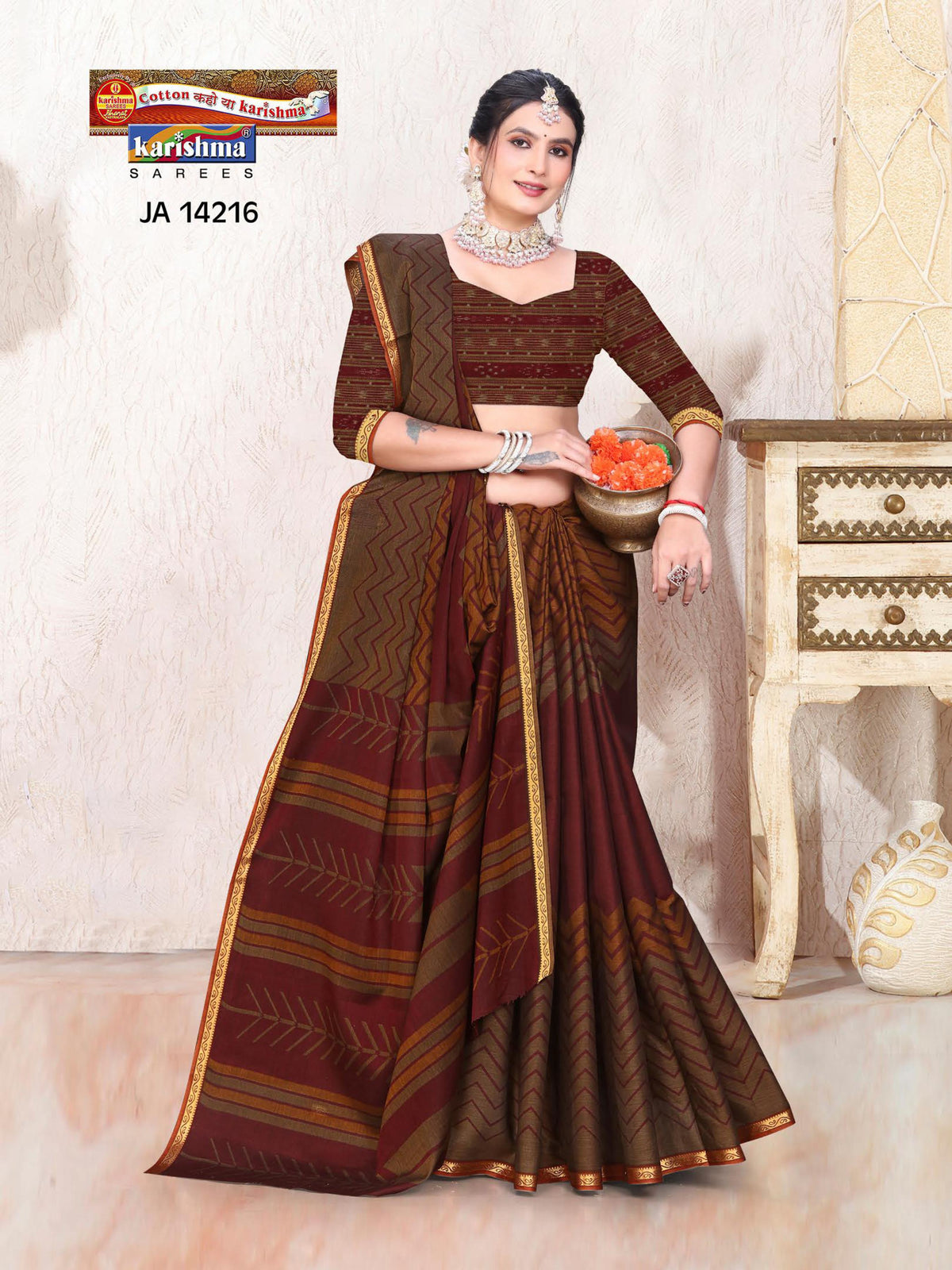 Brown And Maroon Pure Cotton Muslin (Soft) Saree With Stripes Pattern And Gloden Border