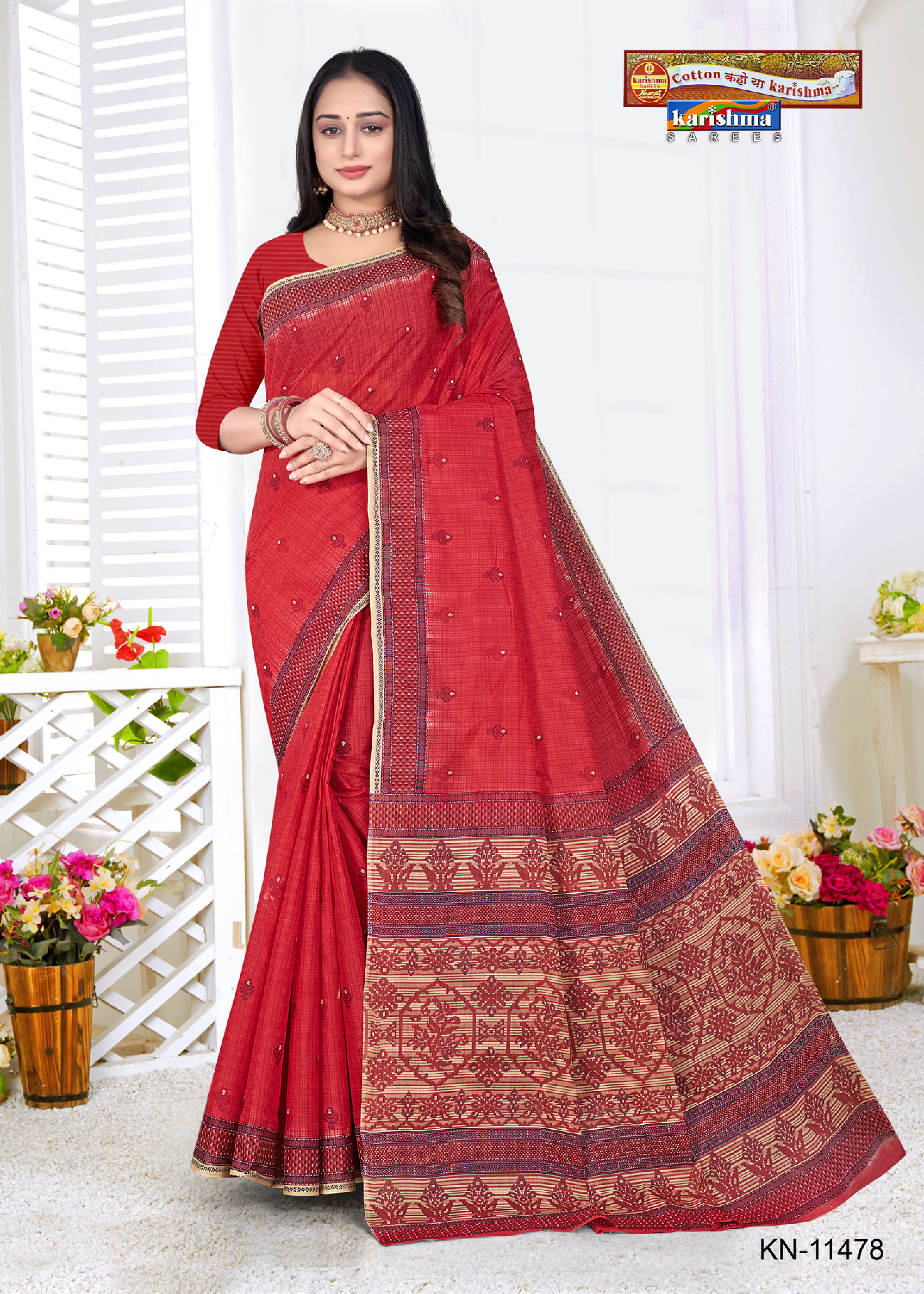 Red Pure Cotton Mulmul (Stiff) Saree With Geomatiric MOtif Desigen