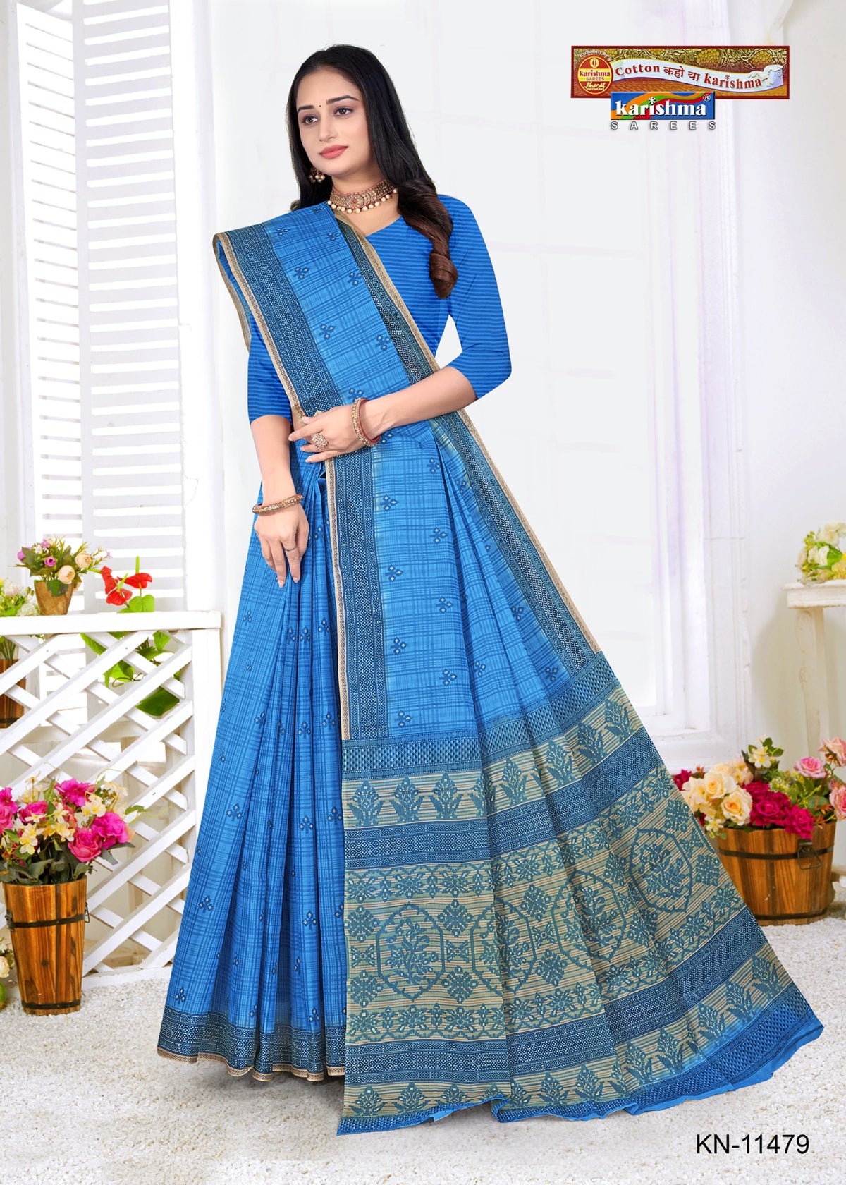 Blue Pure Cotton Mulmul (Stiff) Saree With Geomatiric MOtif Desigen
