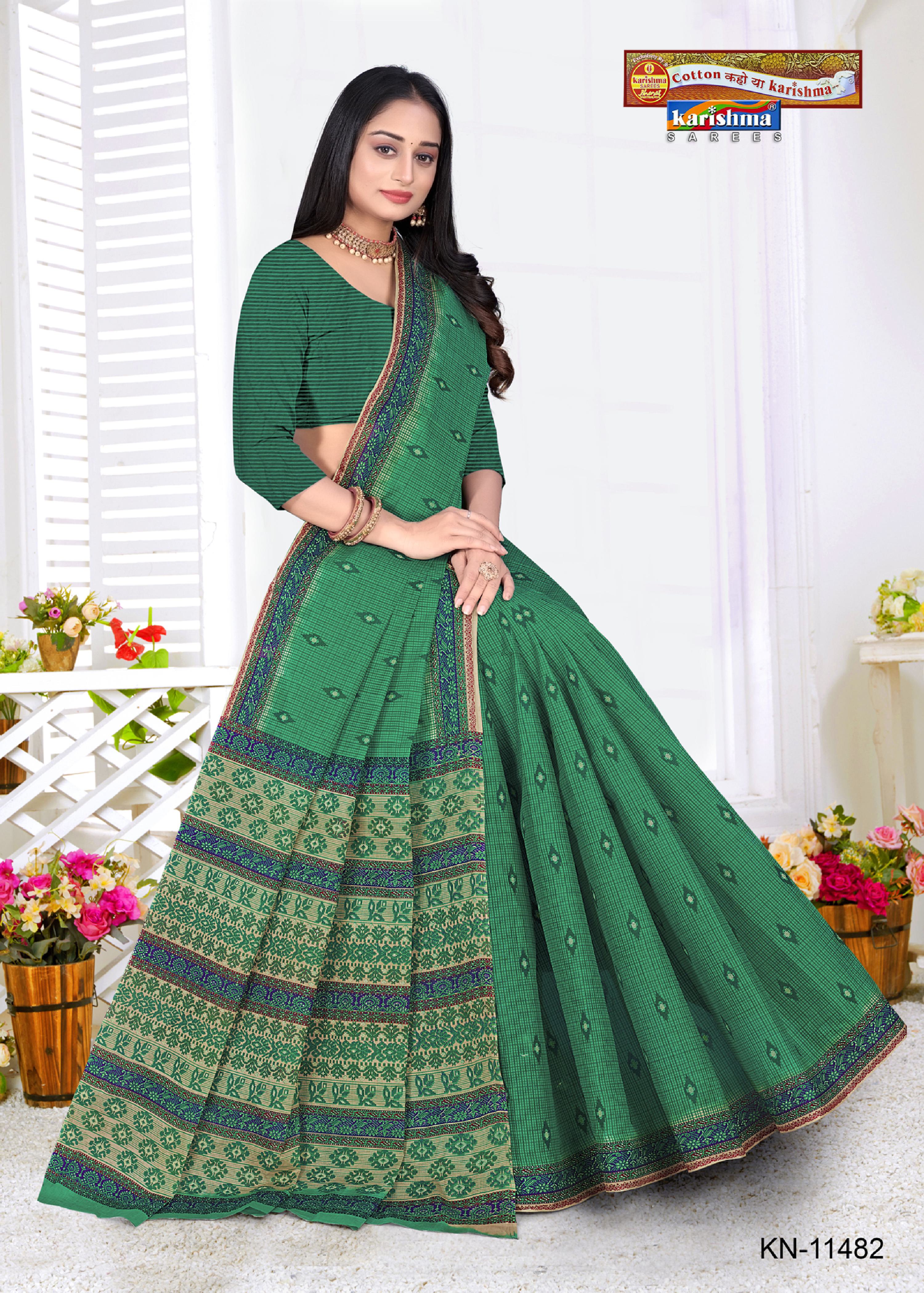 Green Pure Cotton Mulmul (Stiff) Saree With Geomatiric MOtif Desigen