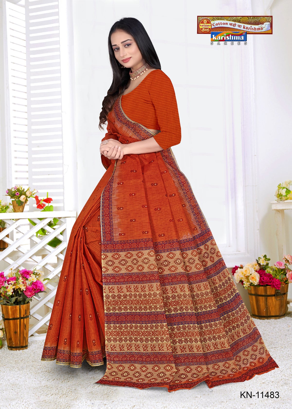Rust Orange Pure Cotton Mulmul (Stiff) Saree With Geomatiric MOtif Desigen