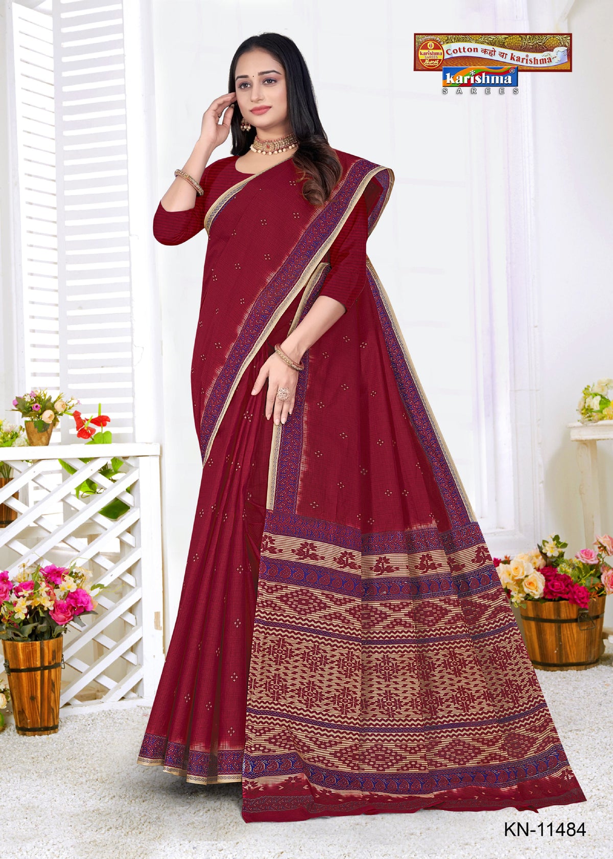 Maroon Pure Cotton Mulmul (Stiff) Saree With Geomatiric MOtif Desigen
